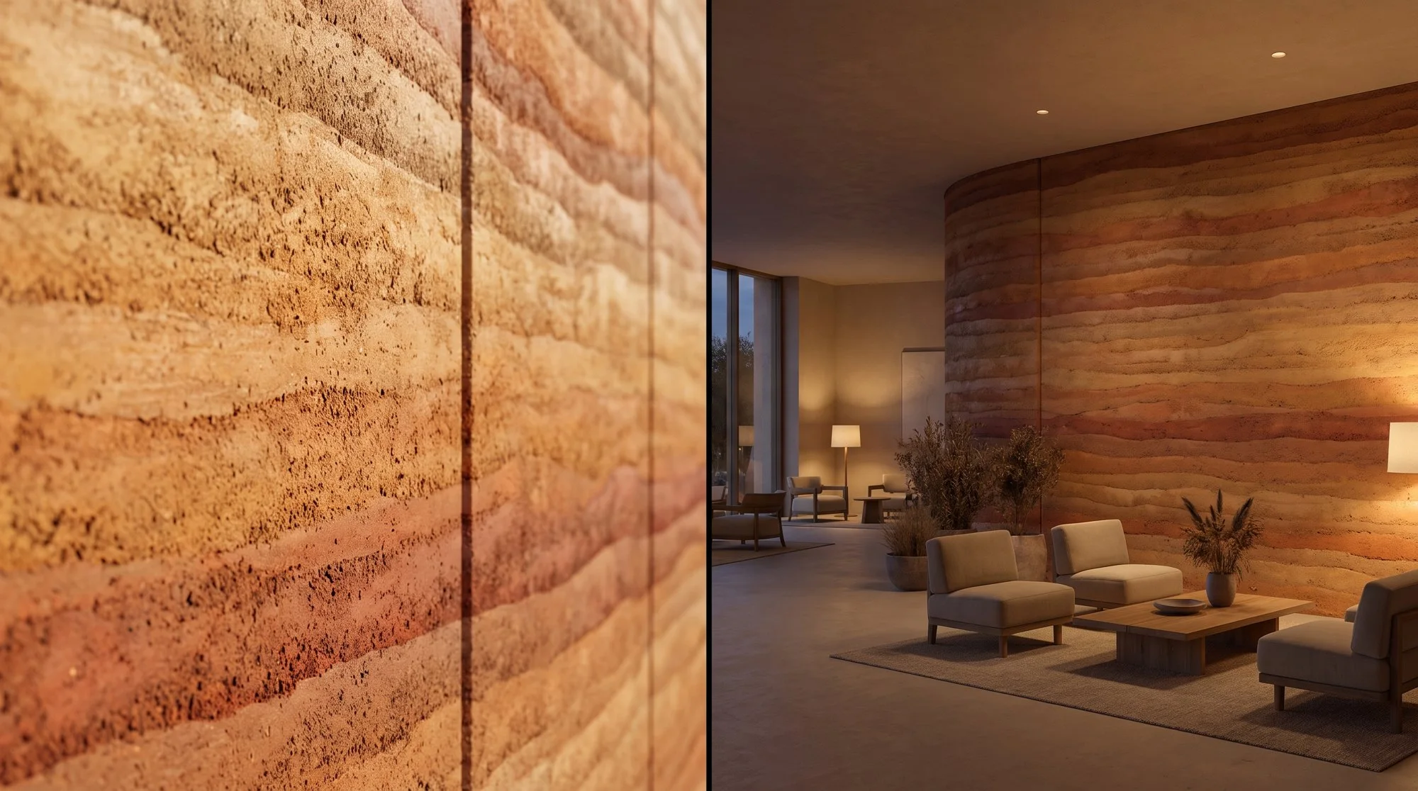 Warm clay flexible ceramic — close-up and facade