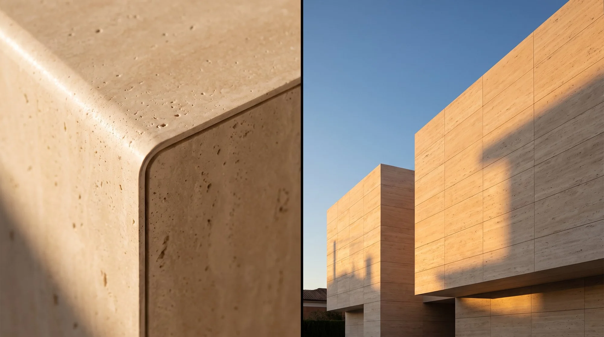 Travertine flexible ceramic — close-up and facade