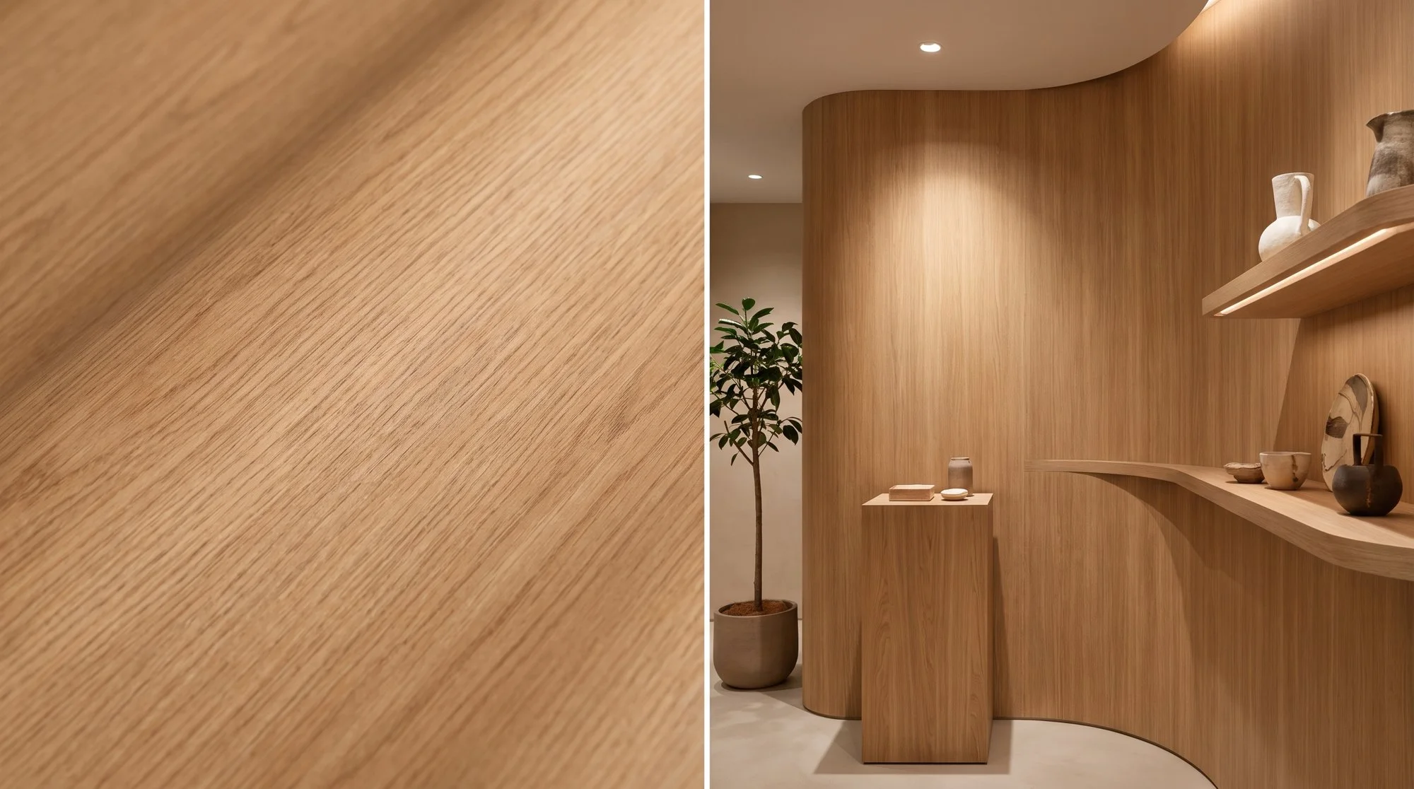 Wood without wood flexible ceramic — close-up and facade