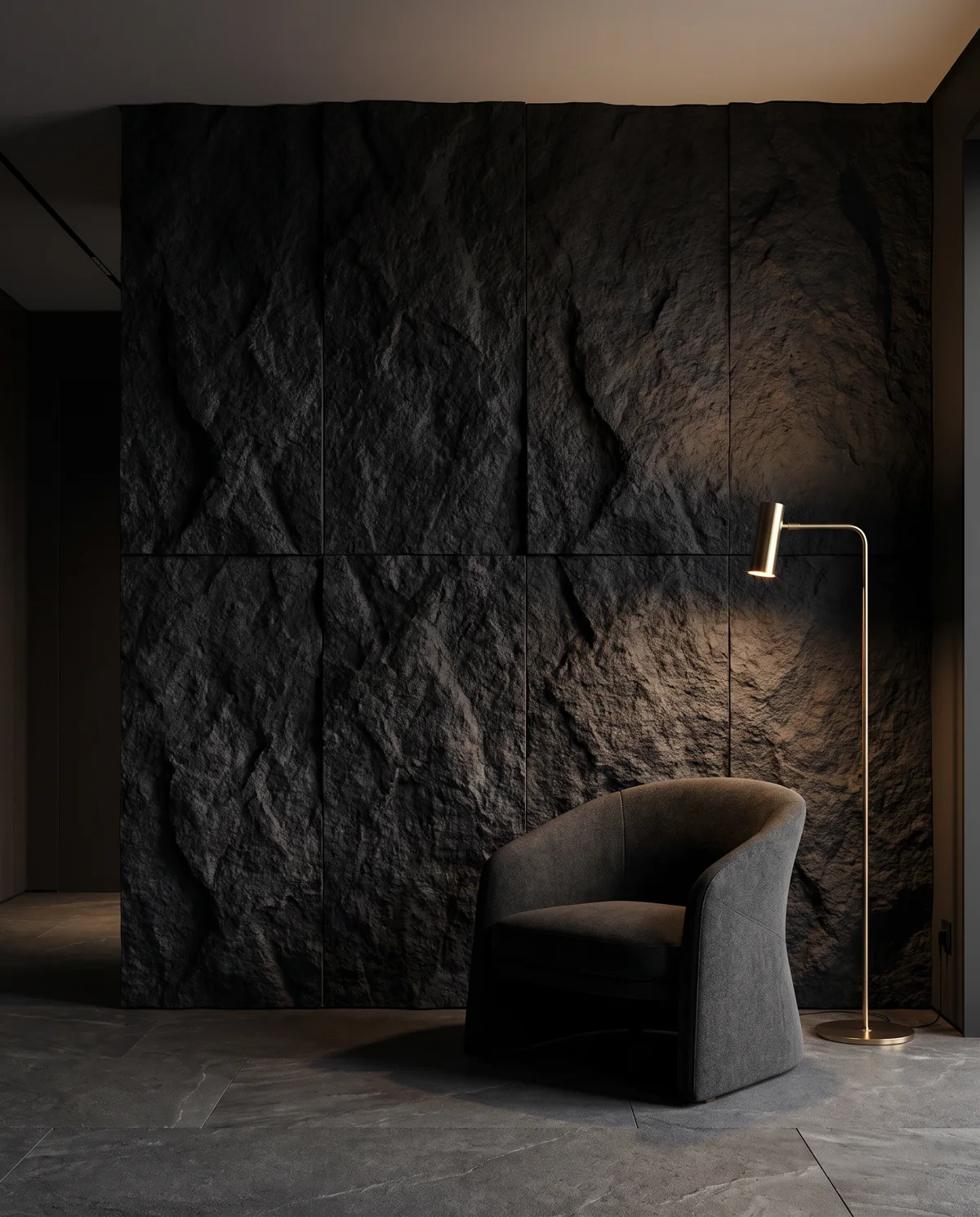 Bold black craggy stone feature wall — flexible ceramic panels