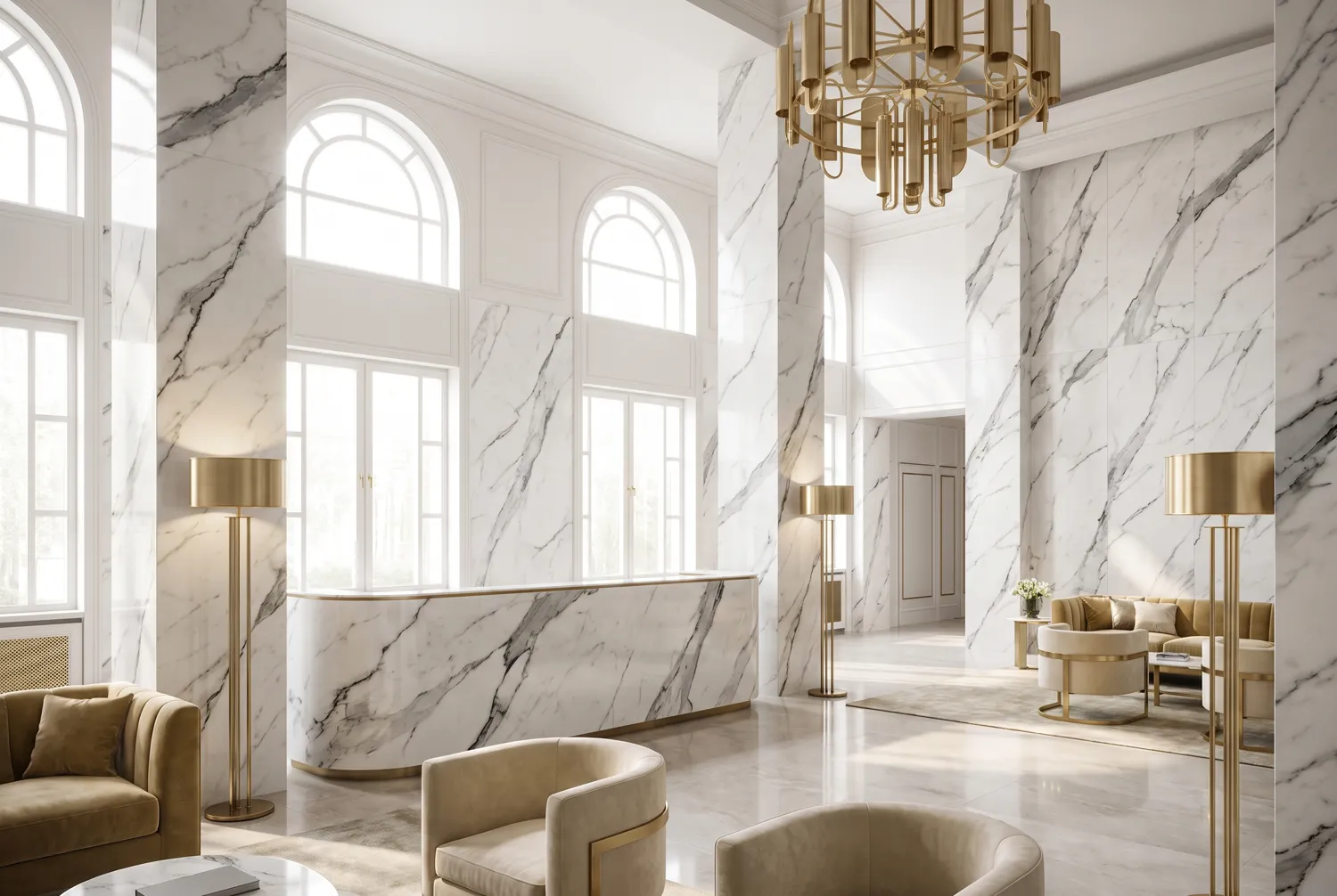 Lobby · Calacatta marble — flexible ceramic
